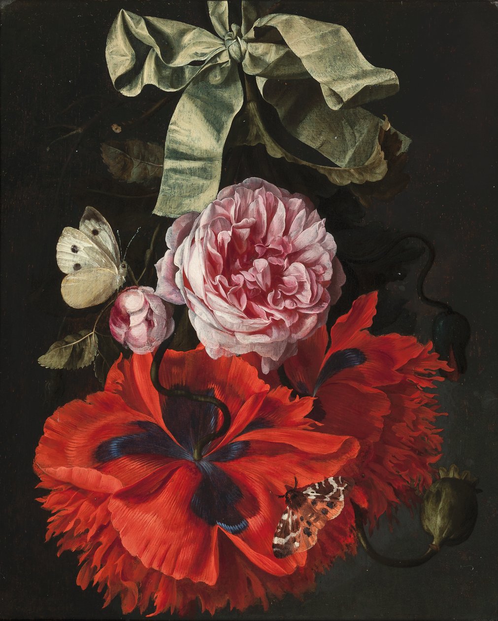 Yeşil bir kurdeleden güve ve kelebekle sarkan güller ve karanfiller (panelde yağ) by Maria van (studio of) Oosterwyck