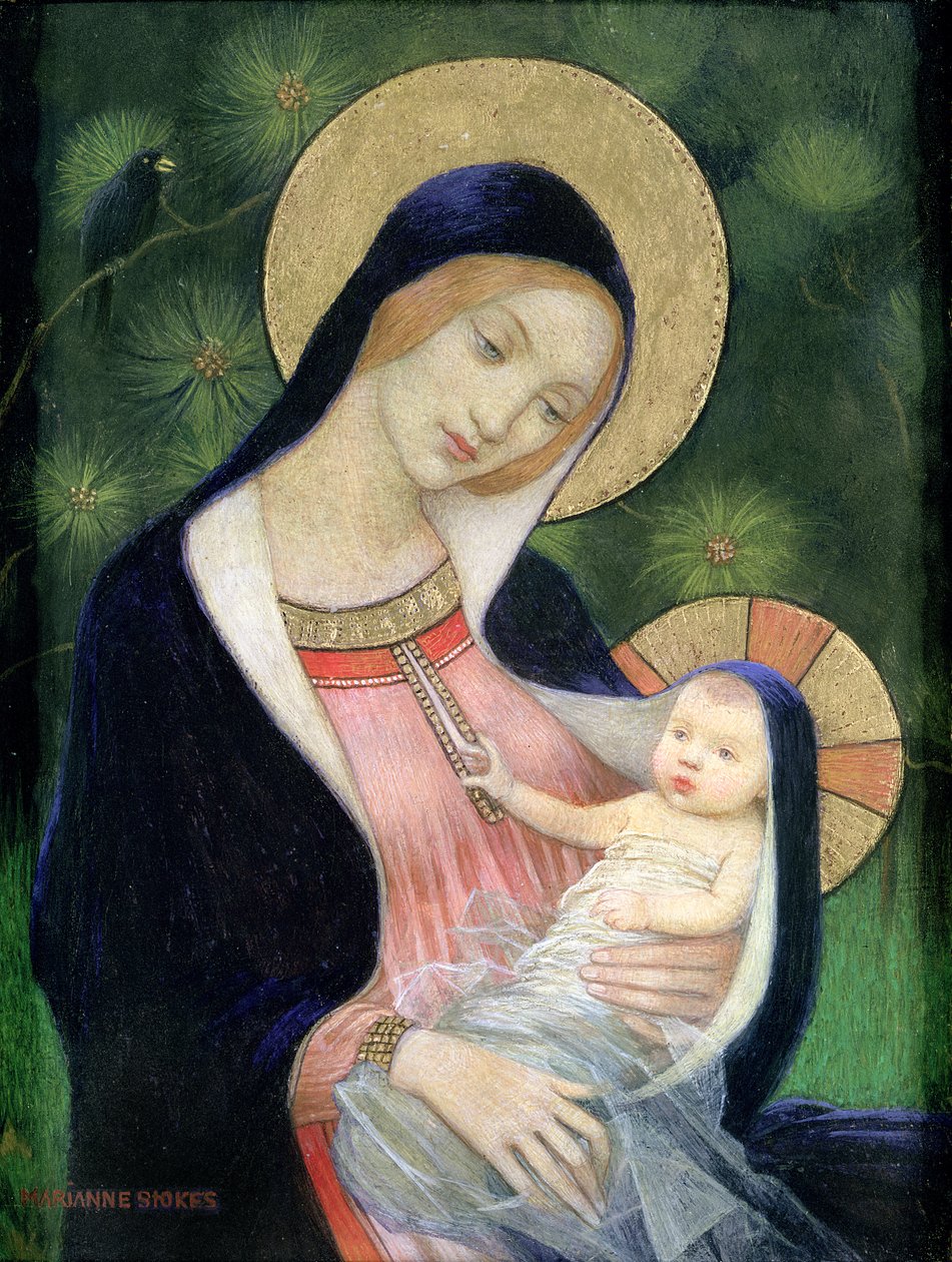 Köknar Ağacı Madonna, 1925 (gemide gesso üzerinde tempera ve yaldızlı) by Marianne Stokes