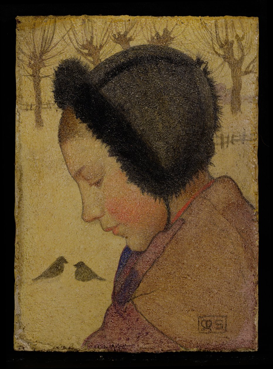 Kürk Şapkalı Genç Kızın Başı (gemide yağ ve gesso) by Marianne Stokes