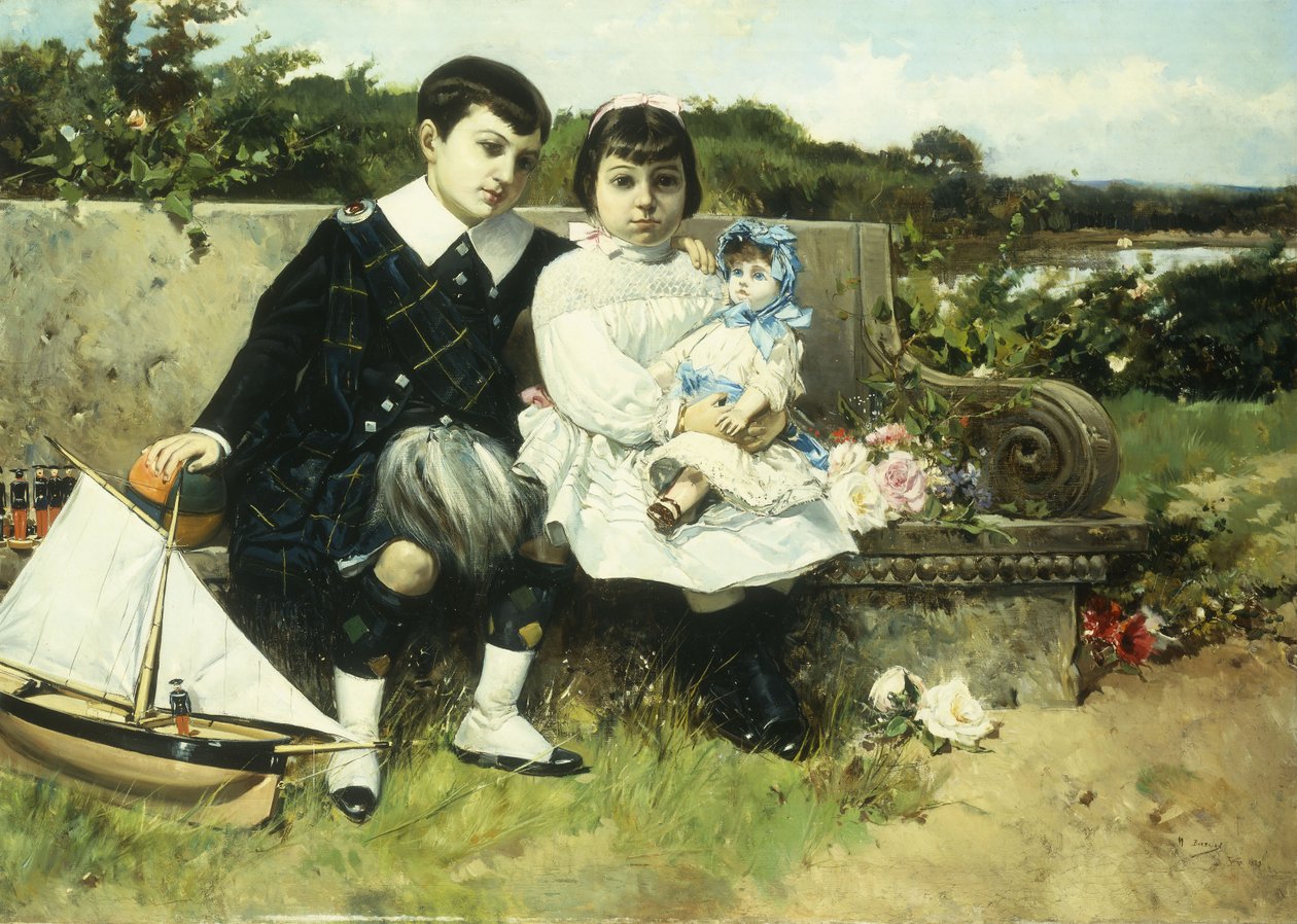Parkta Bankta Oturan İki Çocuk, 1882 by Mariano Barbasan Lagueruela