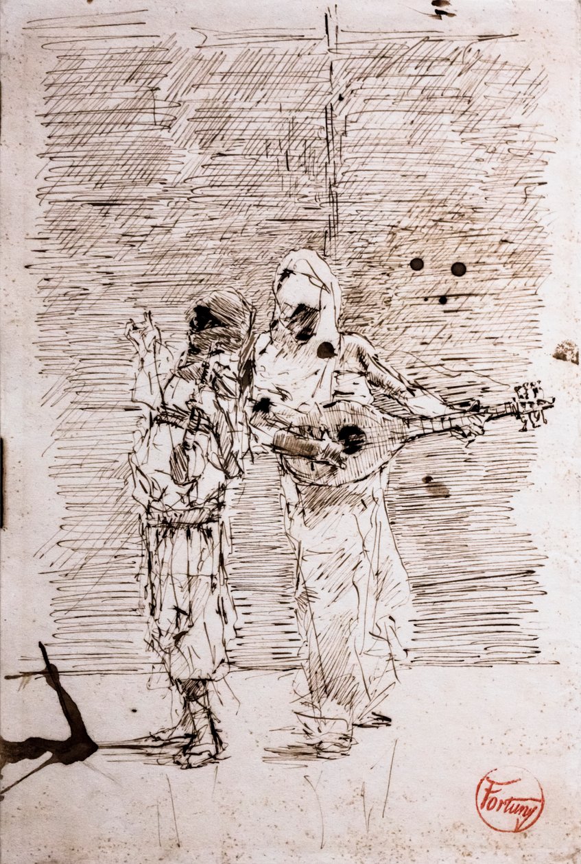 İki Arap müzisyen, 1871 civarı (kağıt üzerine kalem ve siyah mürekkep) by Mariano Fortuny
