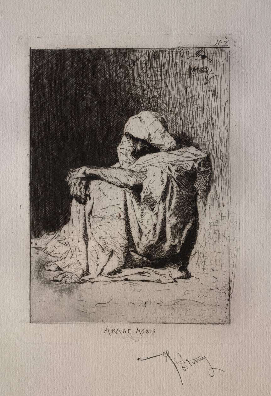 Arap, ellerini dizlerinin üzerinde kavuşturmuş oturuyordu. by Mariano José María Bernardo Fortuny y Carbó