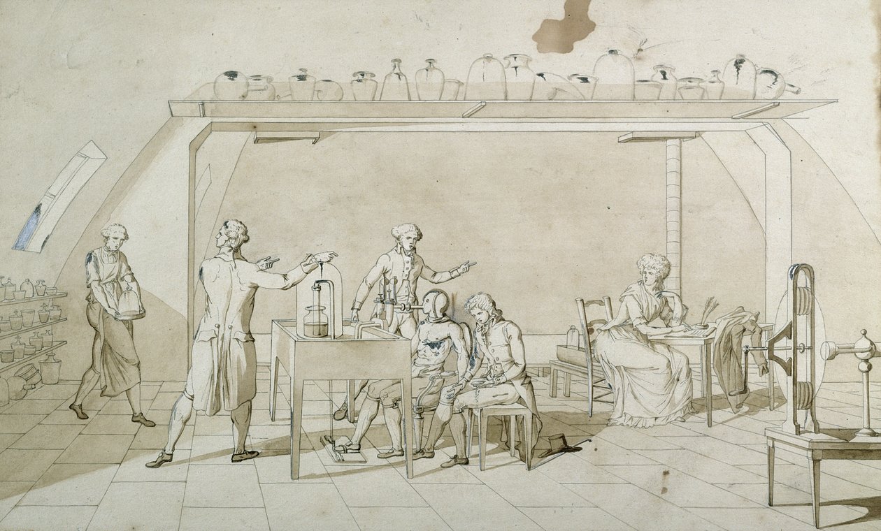 Antoine Lavoisier (1743-94) ve Solunum Üzerine Deneyleri (kağıt üzerinde kalem ve mürekkep ve sepya yıkama) by Marie Anne Pierrette Lavoisier