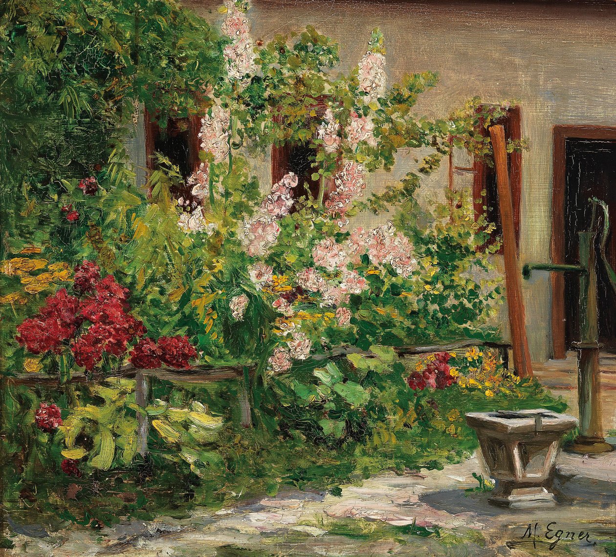 Çiçek Açan Hollyhocks ile Ön Bahçe by Marie Egner