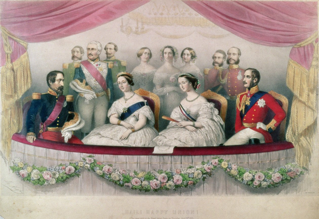 Hail Happy Union, the State visit to the Royal Italian Opera by Queen Victoria, Prince Albert and the Emperor and the Empress of France, 1855  by Marie Alexandre Alophe