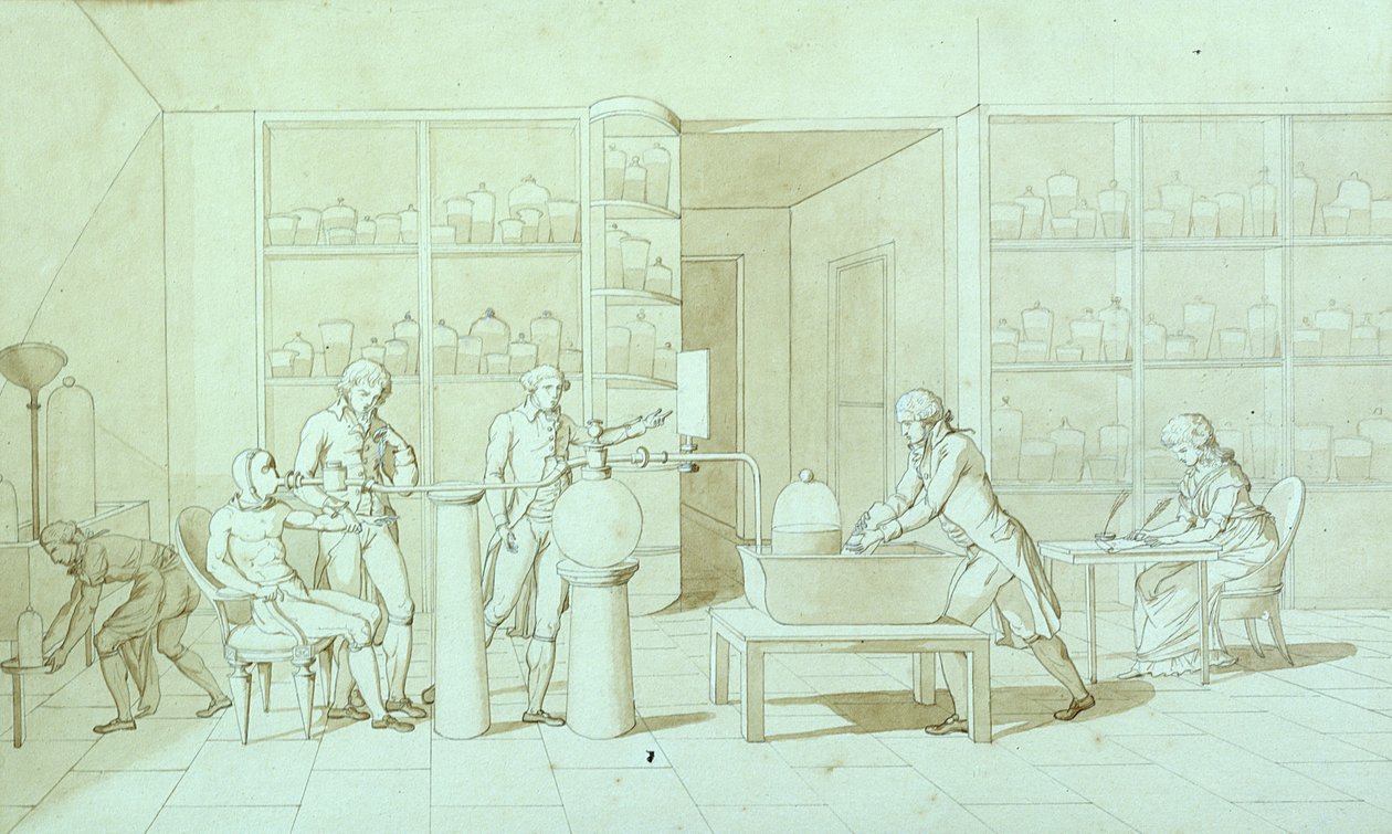 Antoine Lavoisier (1743-94) ve Solunum Üzerine Deneyleri (kağıt üzerinde kalem ve mürekkep ve sepya yıkama) by Marie Anne Pierrette Lavoisier