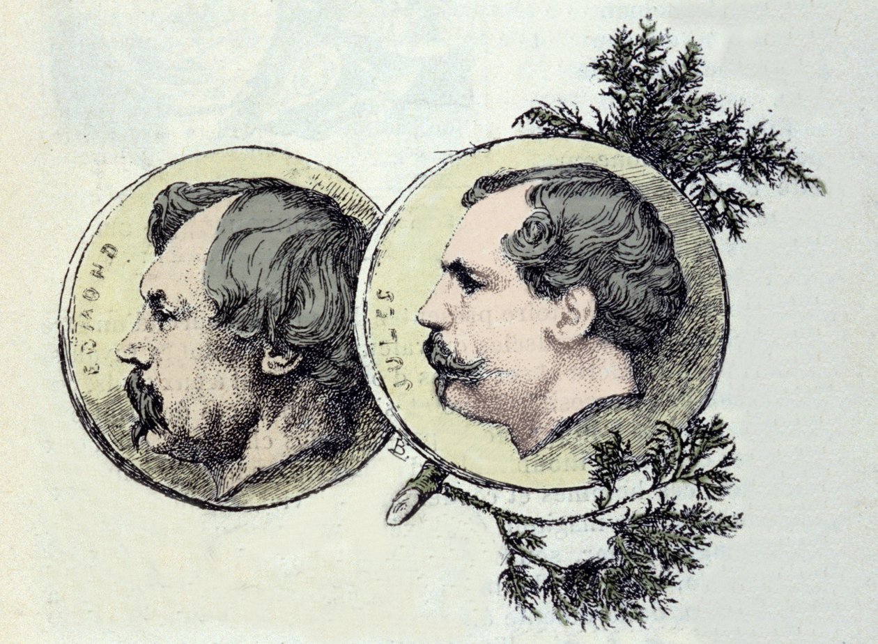 Edmond Goncourt (1822-1896) ve Jules Goncourt (1830-1870) kardeş yazarların portresi. Marie Bacquemond (1841-1916) tarafından gravür by Marie Bracquemond