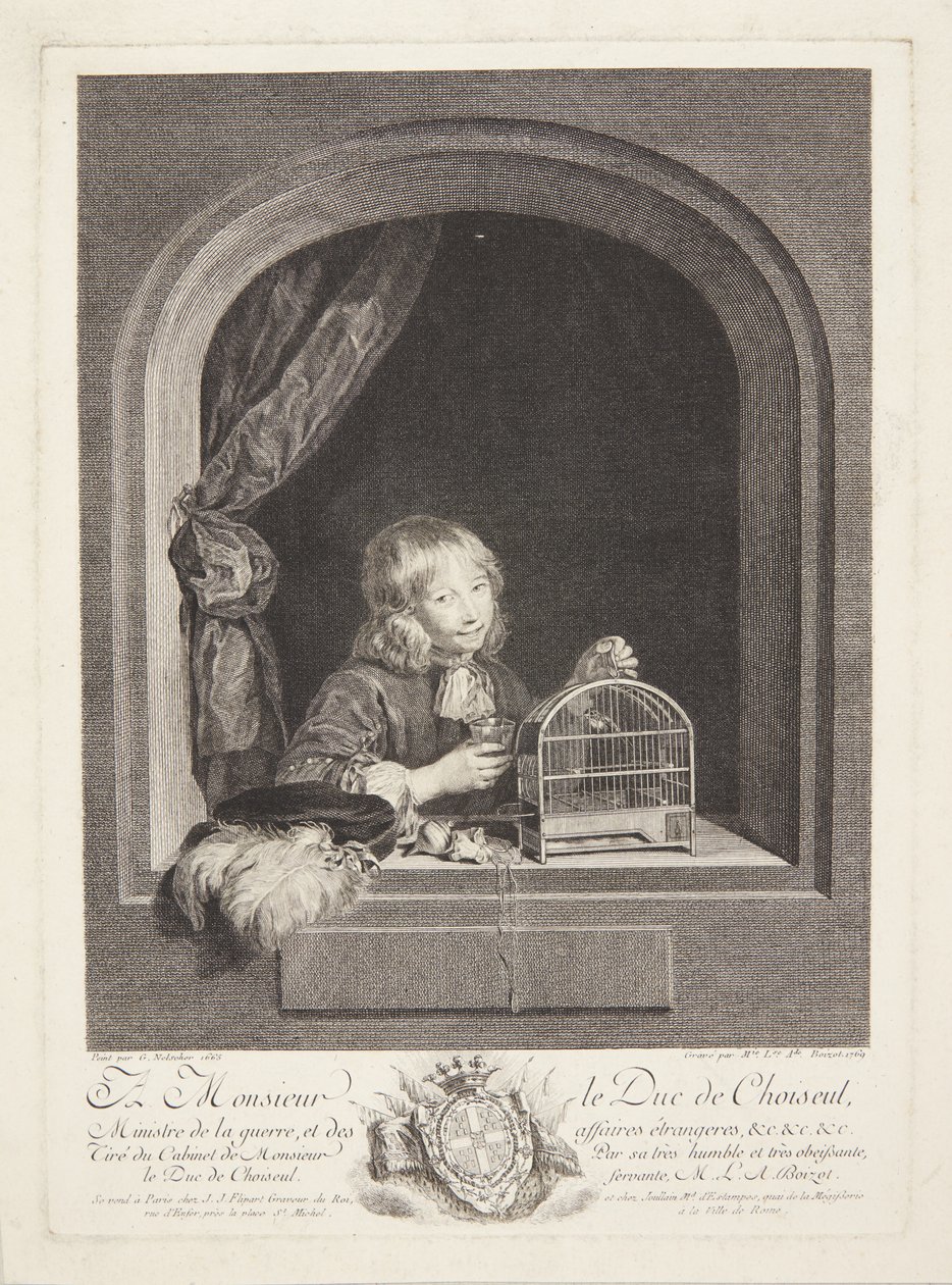 Penceresinde kuş kafesi olan bir çocuk by Marie Louise Adélaïde Boizot