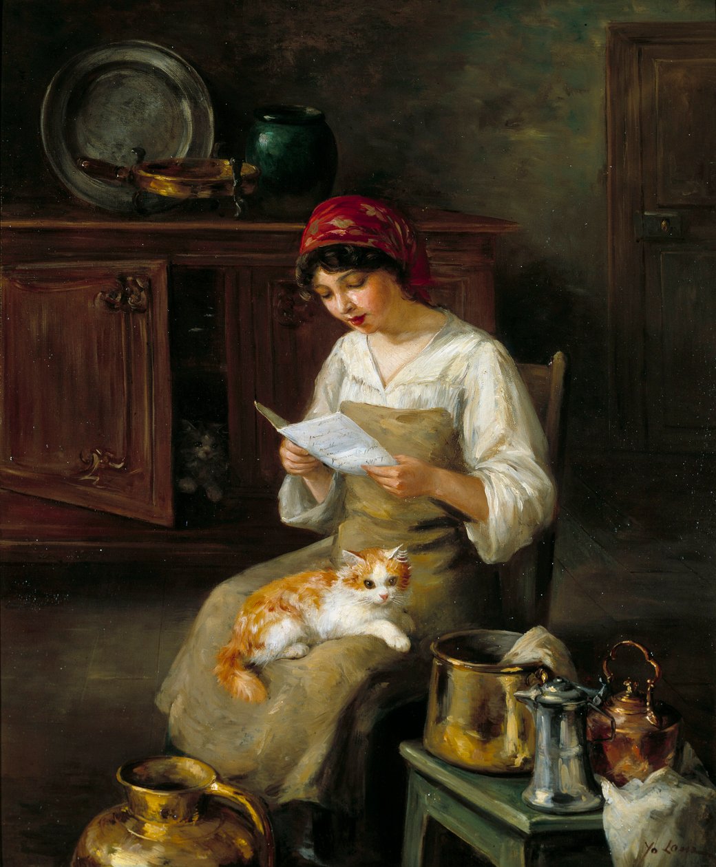 Genç kadın bir mektup okuyor. Marie-Yvonne Laur Dite Yo'nun tablosu (1879-1943) by Marie Yvonne Yo Laur