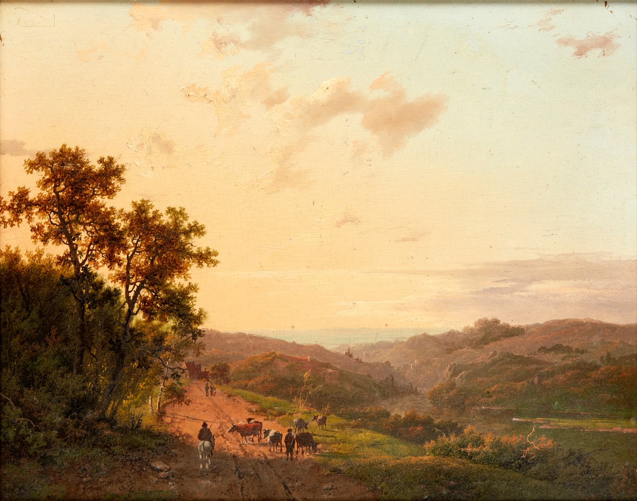 Uzak Manzaralı Bir Köy Yolunda Çobanlar ve Sığırları (panelde yağlı boya) by Marinus Adrianus Koekkoek