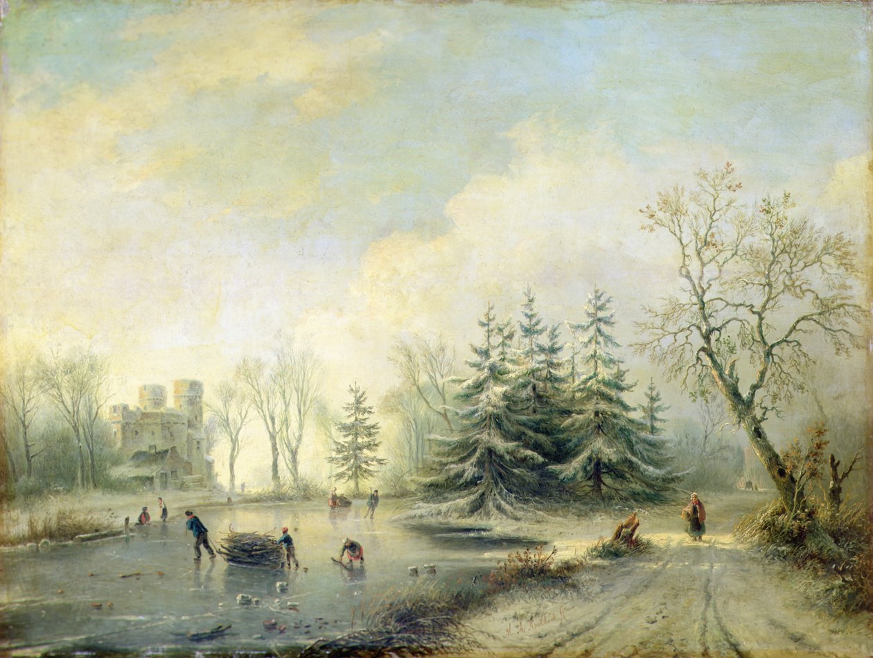 Ağaçlar, Kale ve paten figürleri (panel üzeri yağlı boya) by Marinus Adrianus Koekkoek