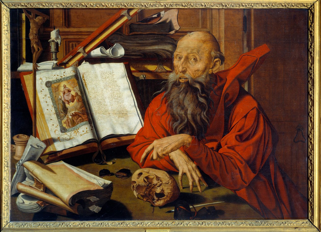 Saint Jerome Meditant - Tablo (Vanita) Marinus Claeszoon van Reymerswaele (1493 - 1567) Ec. Bekle. by Marinus van Reymerswaele