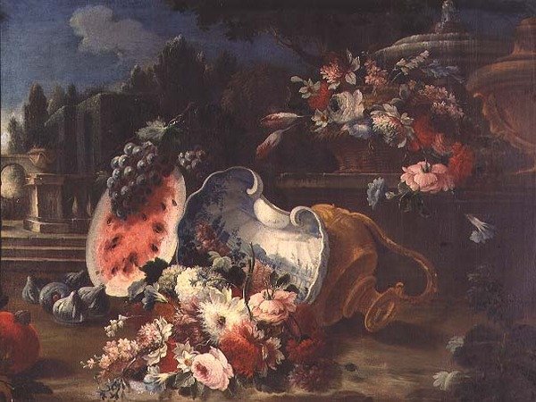 Bir çeşmenin yanında natürmort, karışık çiçekler ve meyve by Mario (follower of) Nuzzi