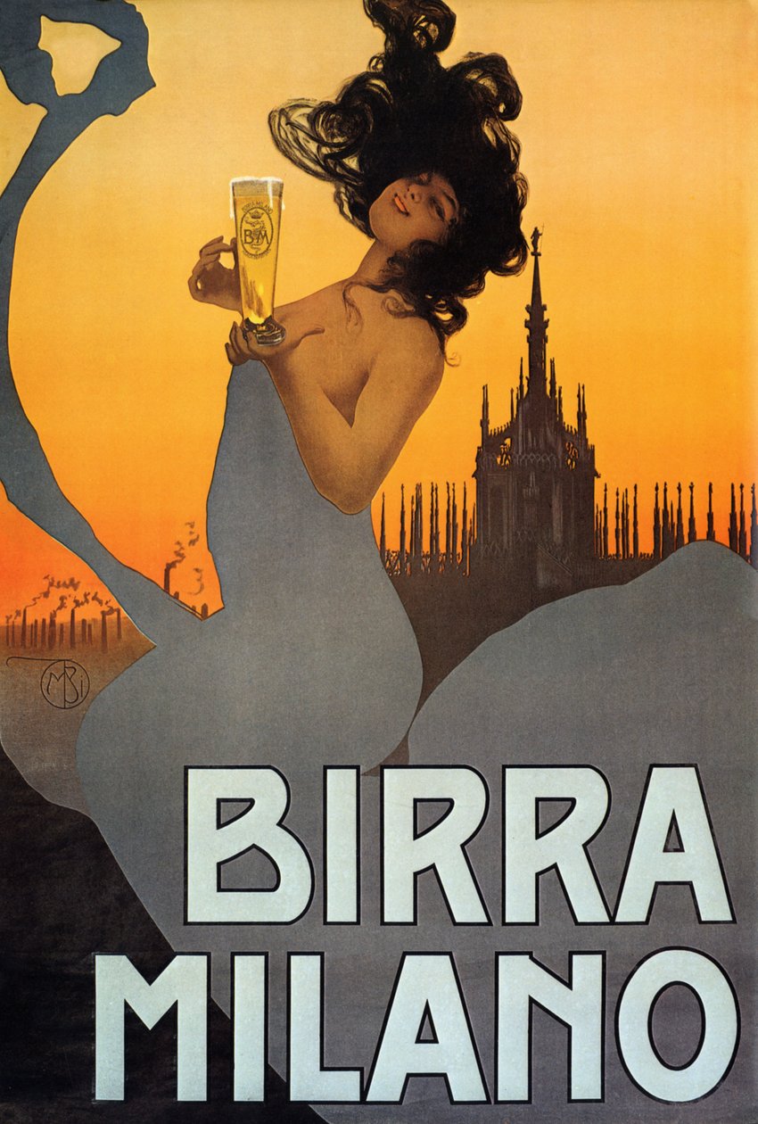 Poster reklamı Birra Milano, İtalya, c.1900 (renkli taş) by Mario Borgoni