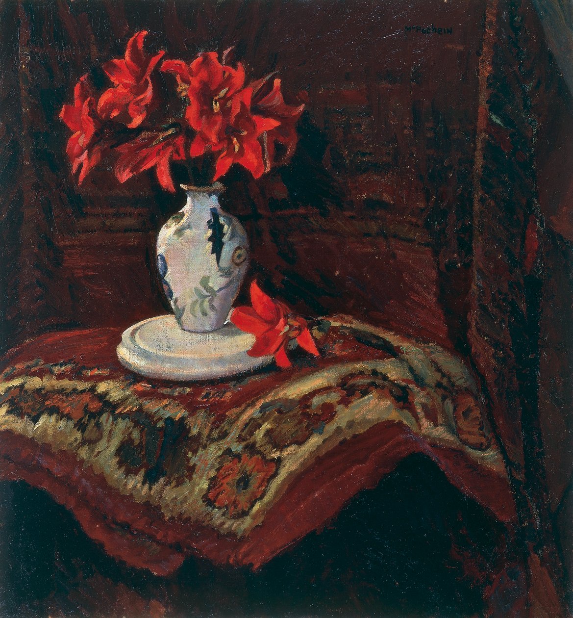 Kırmızı zambaklı kilim ve vazo, Mario Puccini (1869-1920), tuval üzerine yağlıboya, 64x59 cm. by Mario Puccini