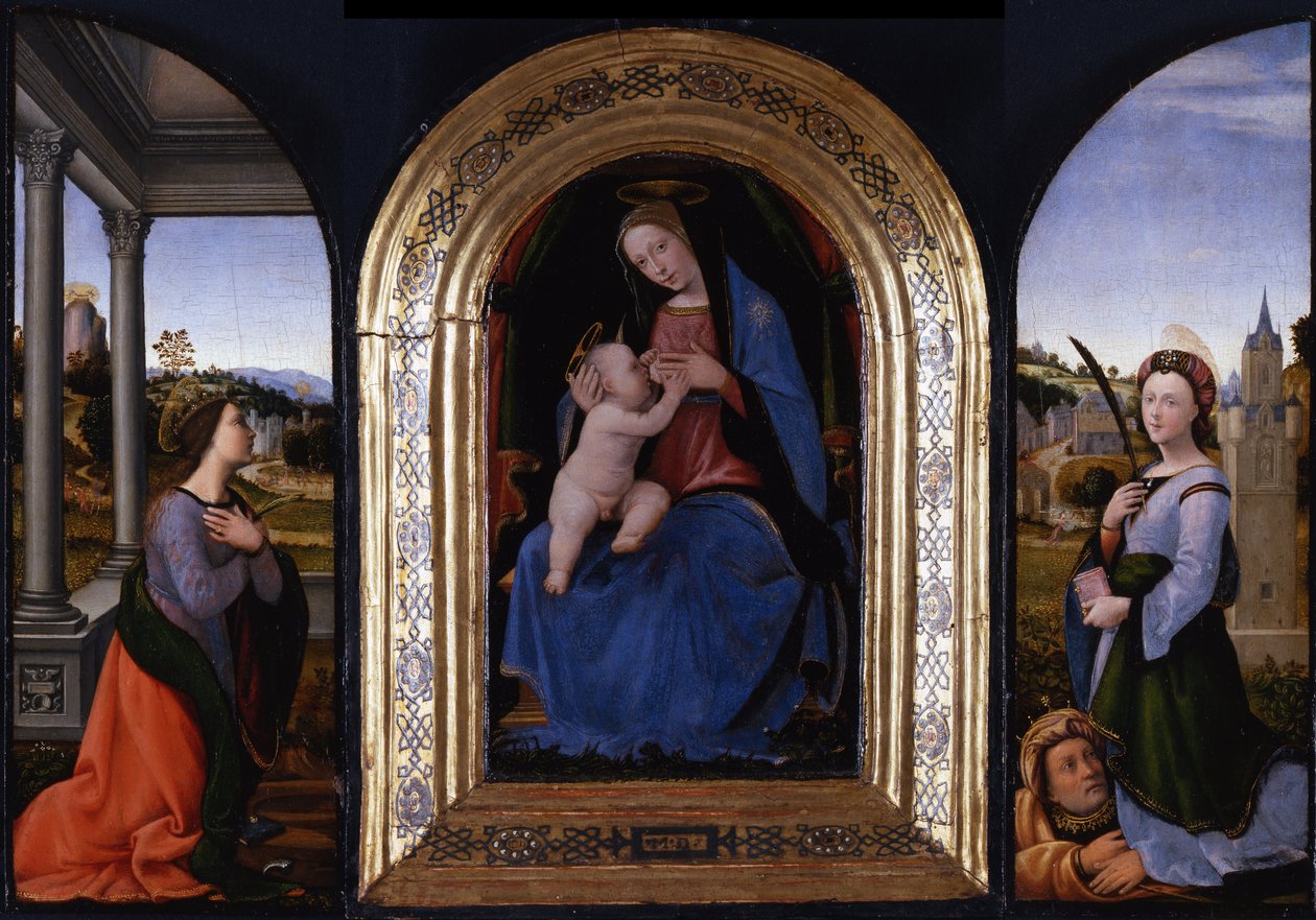 Enthroned Maria lactans, İskenderiyeli Aziz Catherine ve Barbara ve babası Dioscurus, 15 by Mariotto Albertinelli