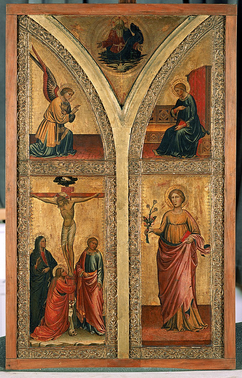 Çarmıha gerilmeyi, St. Dorothy ve diğer azizleri tasvir eden sunak kanadı, c.1420 (kavak ağacı üzerinde tempera) by Mariotto di Nardo