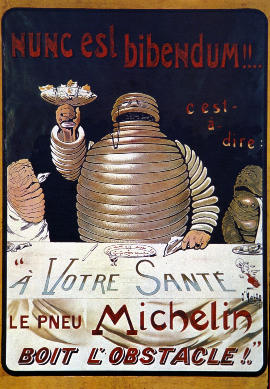 Reklam afişi Michelin lastiği: Nunc bir bibendum, Michelin lastiği engeli içiyor by Marius Rossillon