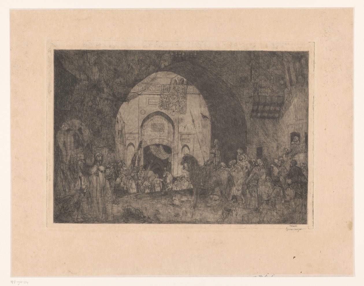 Doğu atlıları ve bir kapıda insanlar by Marius Bauer (signed by artist)