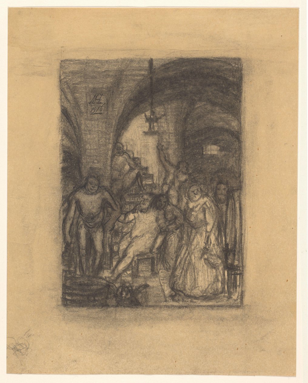 Tonozlu bir odada toplantı, muhtemelen bir Bacchanal by Marius Holleman (signed by artist)