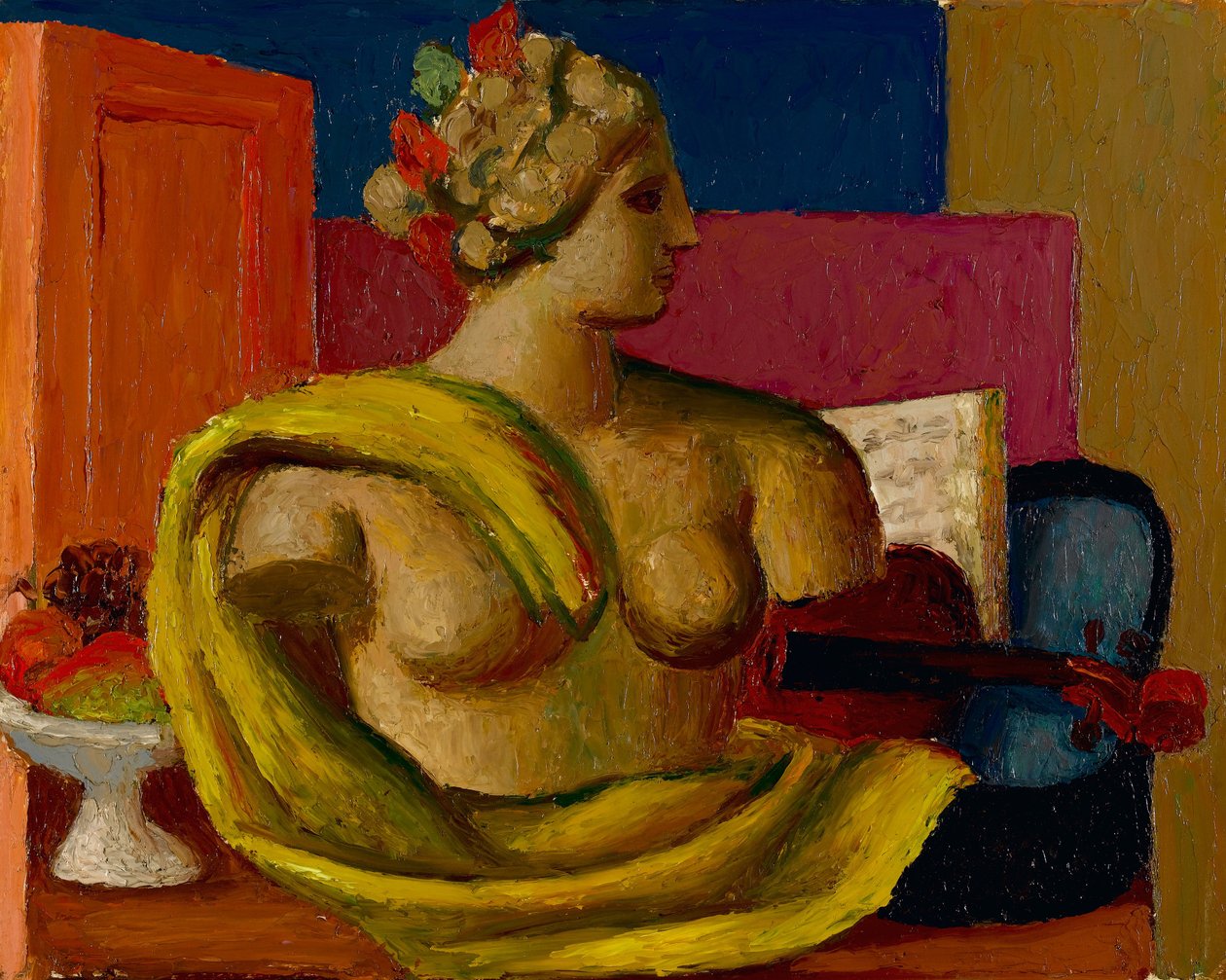 Keman ve Büstü, c.1934 (değirmen tahtasında yağ) by Mark Gertler