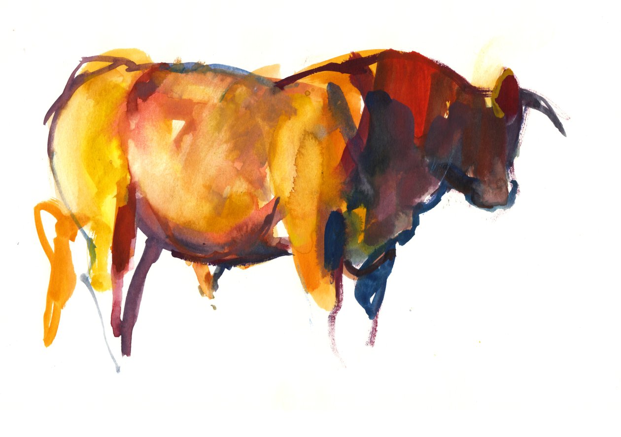 Sunset Bull, 2010 (kağıt üzerine sulu boya ve guaj boya) by Mark Adlington