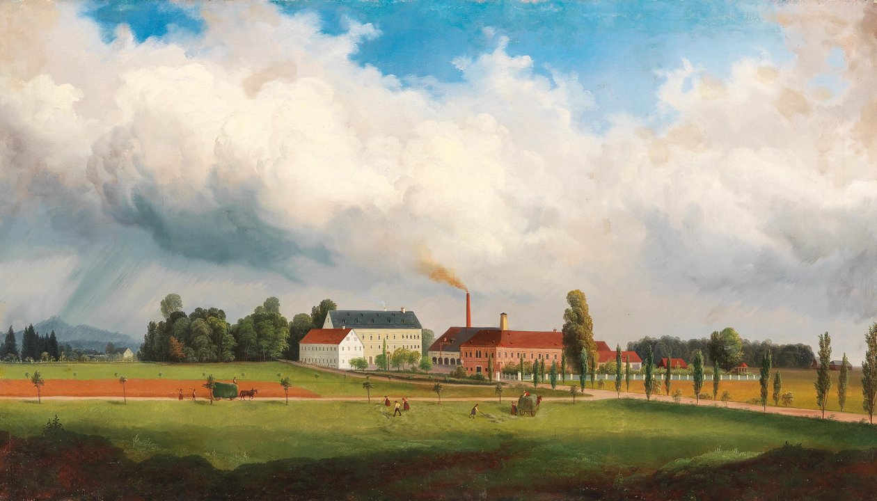 Doğuda Klagenfurt yakınlarındaki Ebenthal, ön planda Puntschart ailesinin malikanesi ve fabrikası ile Großnighof, arka planda Magdalensberg by Marko Pernhart