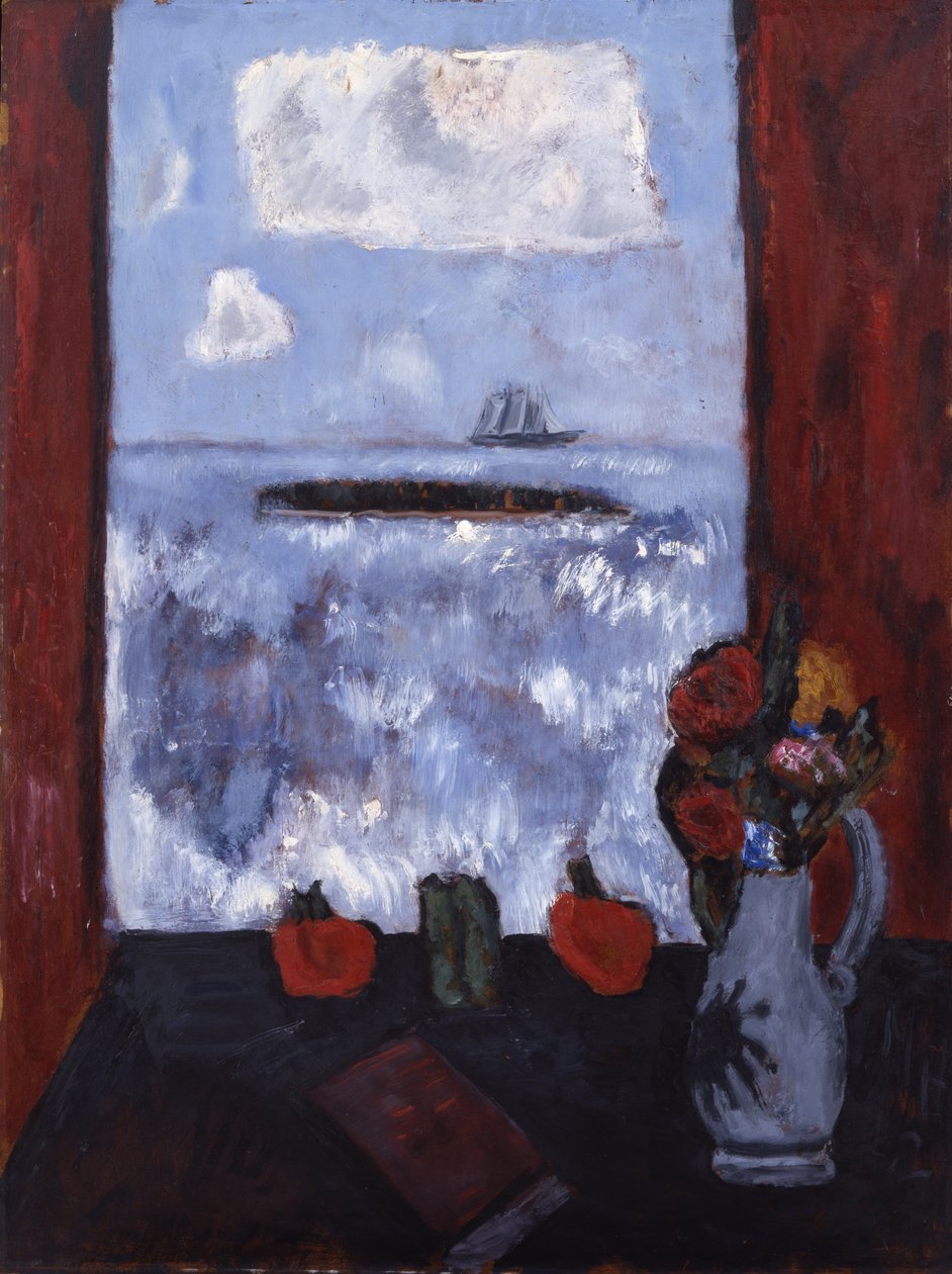 Yaz, Deniz, Pencere, Kırmızı Perde, 1942 (masonit üzerine yağlı boya) by Marsden Hartley