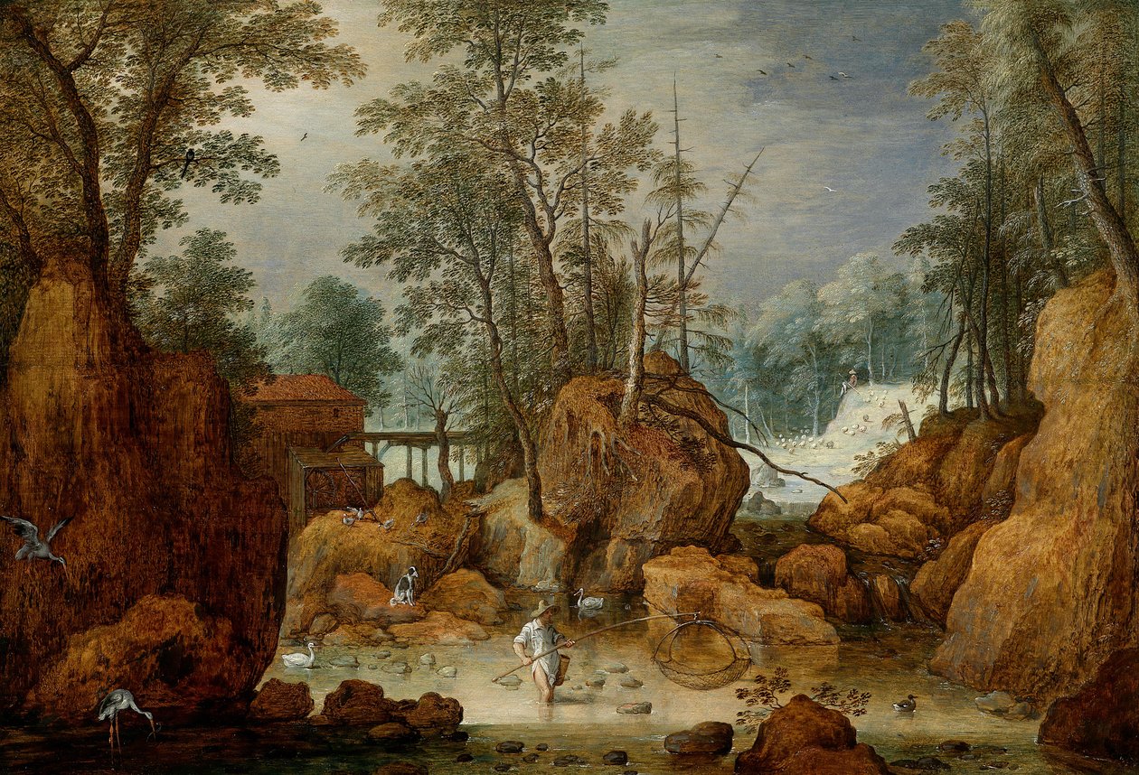 Ormanlık bir arazide nehirde bir balıkçı by Marten Ryckaert
