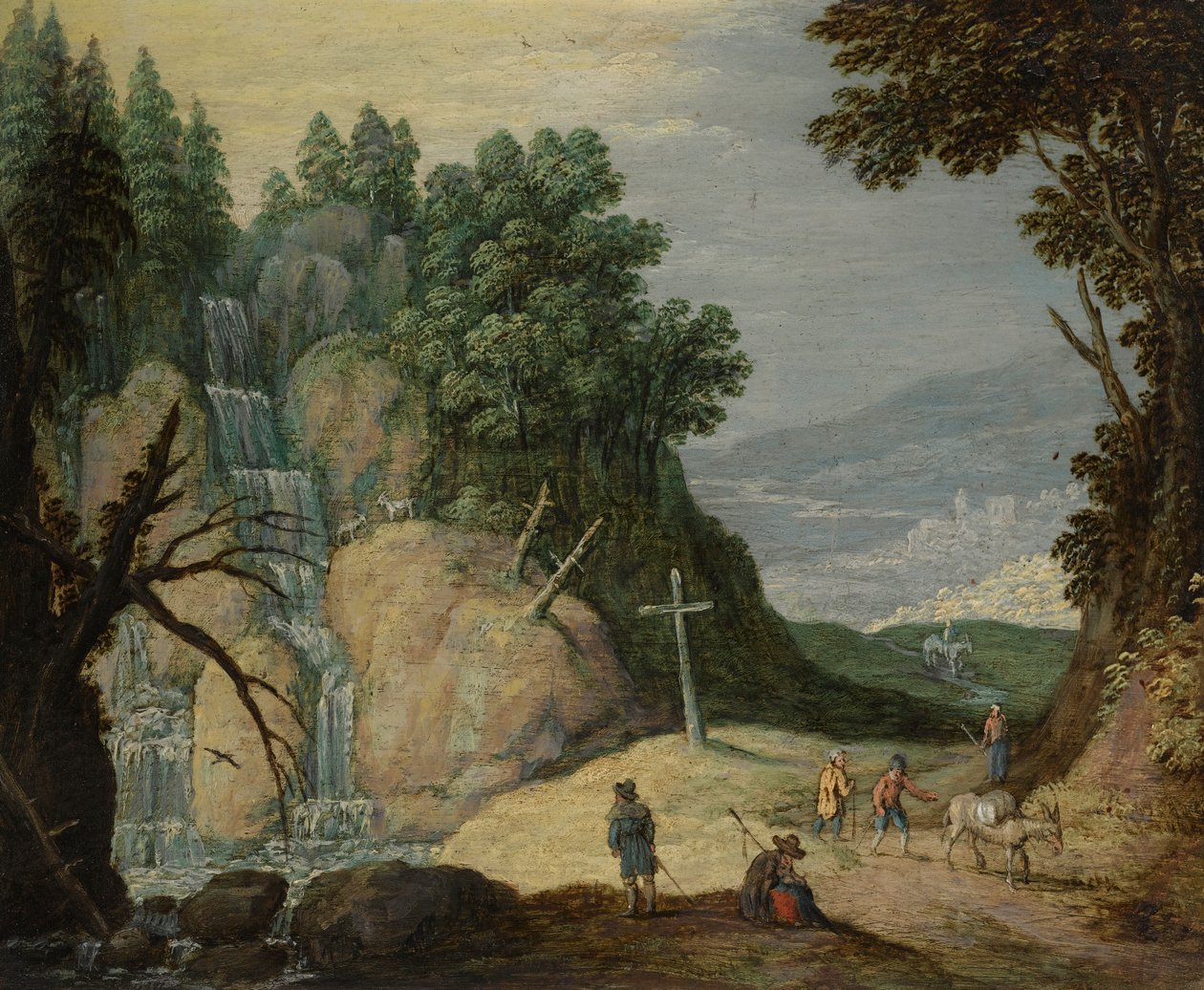Bir şelale ve bir yolda gezginler ile kayalık bir manzara by Marten Ryckaert