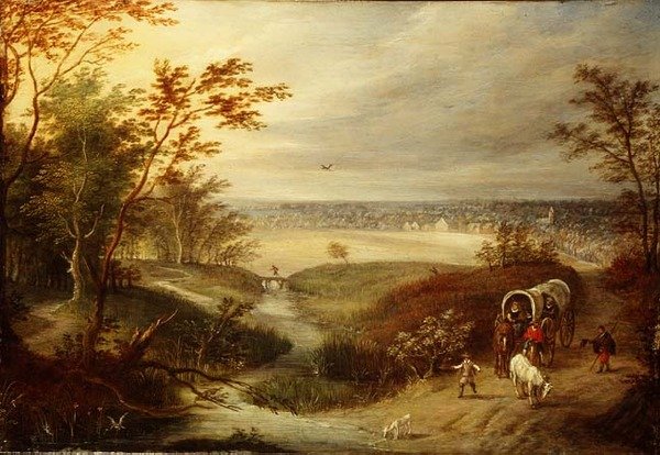 Bir ford, bir vagon ile geniş bir ormanlık manzara by Marten (attr. to) Ryckaert