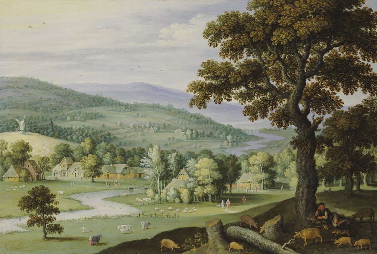 Ön planda bir ağacın altında oturan bir domuz çobanı olan bir nehir vadisi, ötesinde bir mezra by Marten Ryckaert
