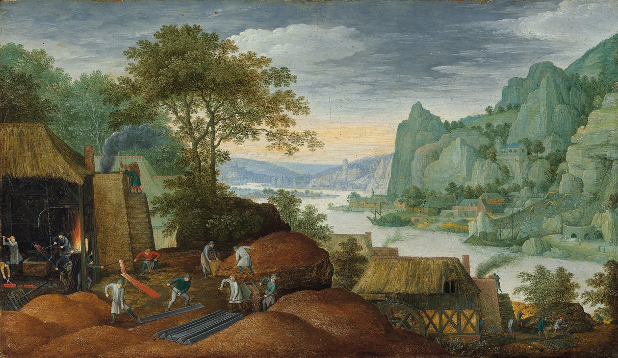 Bir demir dökümhanesi, bir nehir ve ötesindeki kıyıdaki evlerin figürleriyle kayalık bir manzara by Marten Ryckaert