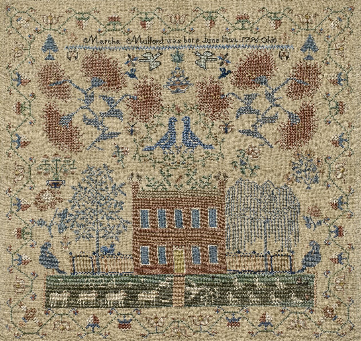 Örnekleyici, 1824 (keten üzerine ipek) by Martha Mulford