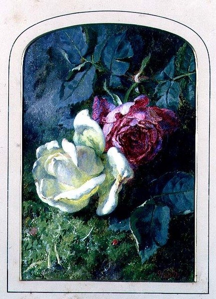 Yosunlu bir bankada güller ve bir uğur böceği (tahta) by Martha Darley Mutrie