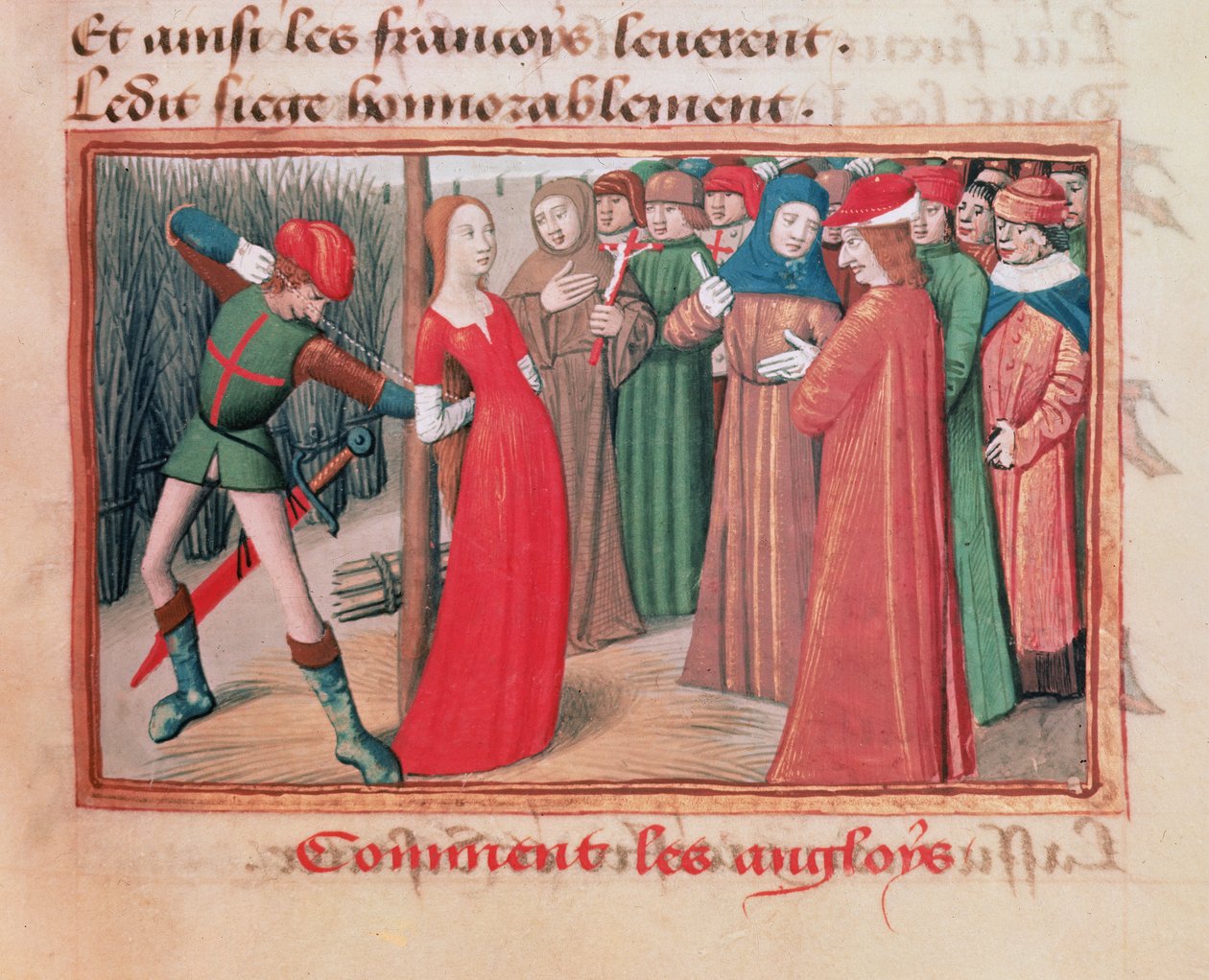 Bayan Fr 5054 f.71 Joan of Arc tehlikede, 'Les Vigiles de Charles VII', Martial d'Auvergne, 1484 by Martial de Paris