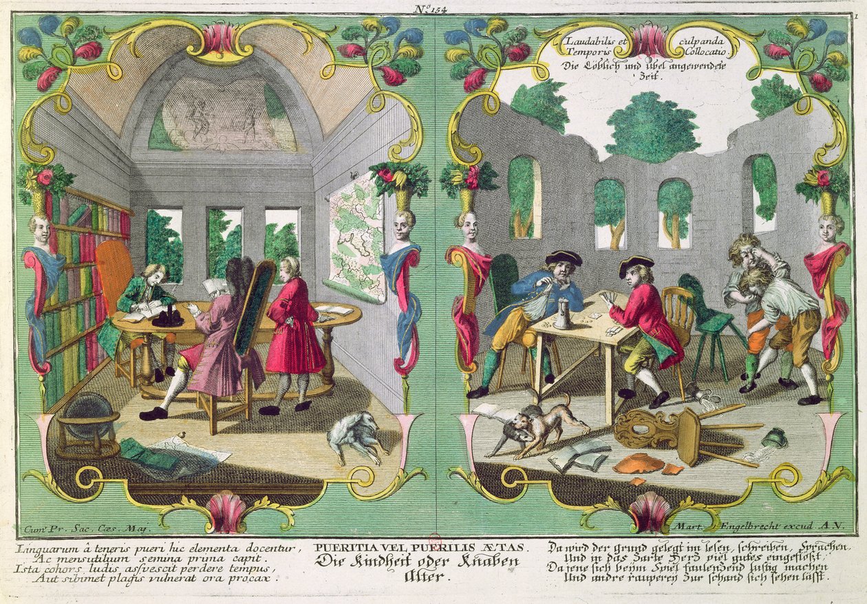 İyi ve Kötü çocuklar, 18. yüzyılın başlarında (renkli gravür) by Martin Engelbrecht