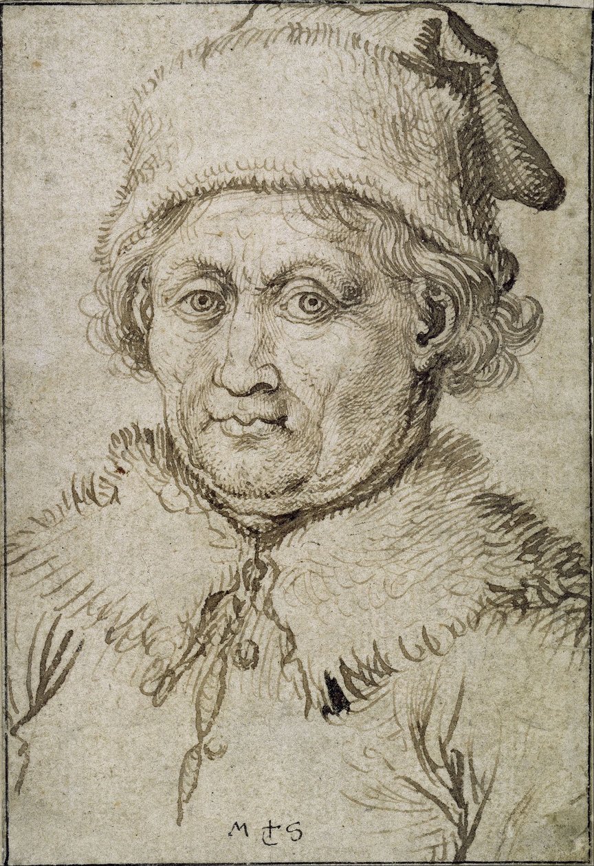 Kürk yakalı ve şapkalı yaşlı bir adamın göğüs boyu görüntüsü by Martin Schongauer