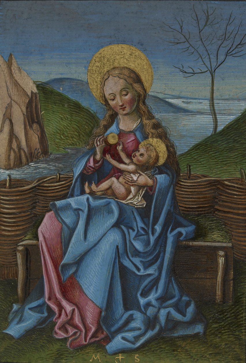 Bakire ve Çocuk çimenli bir bankta by Martin Schongauer