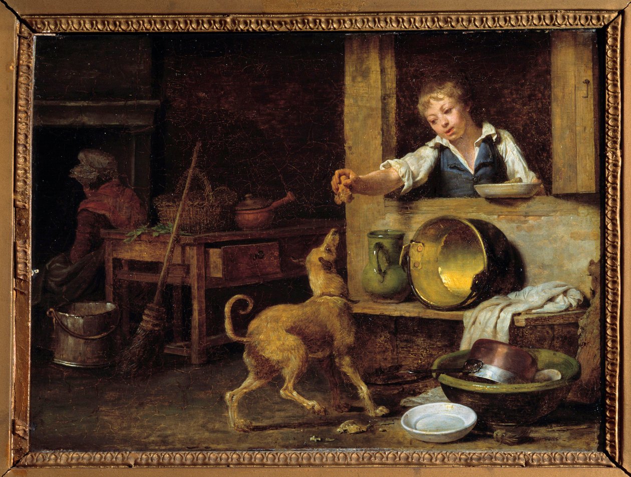 Mutfak iç Genç bir hizmetçi köpeğe yemek artıklarını verir. Martin Drolling (1752-1817) tarafından yapılan boyama 19. yüzyıl Orleans, Güzel Sanatlar Müzesi by Martin Drölling