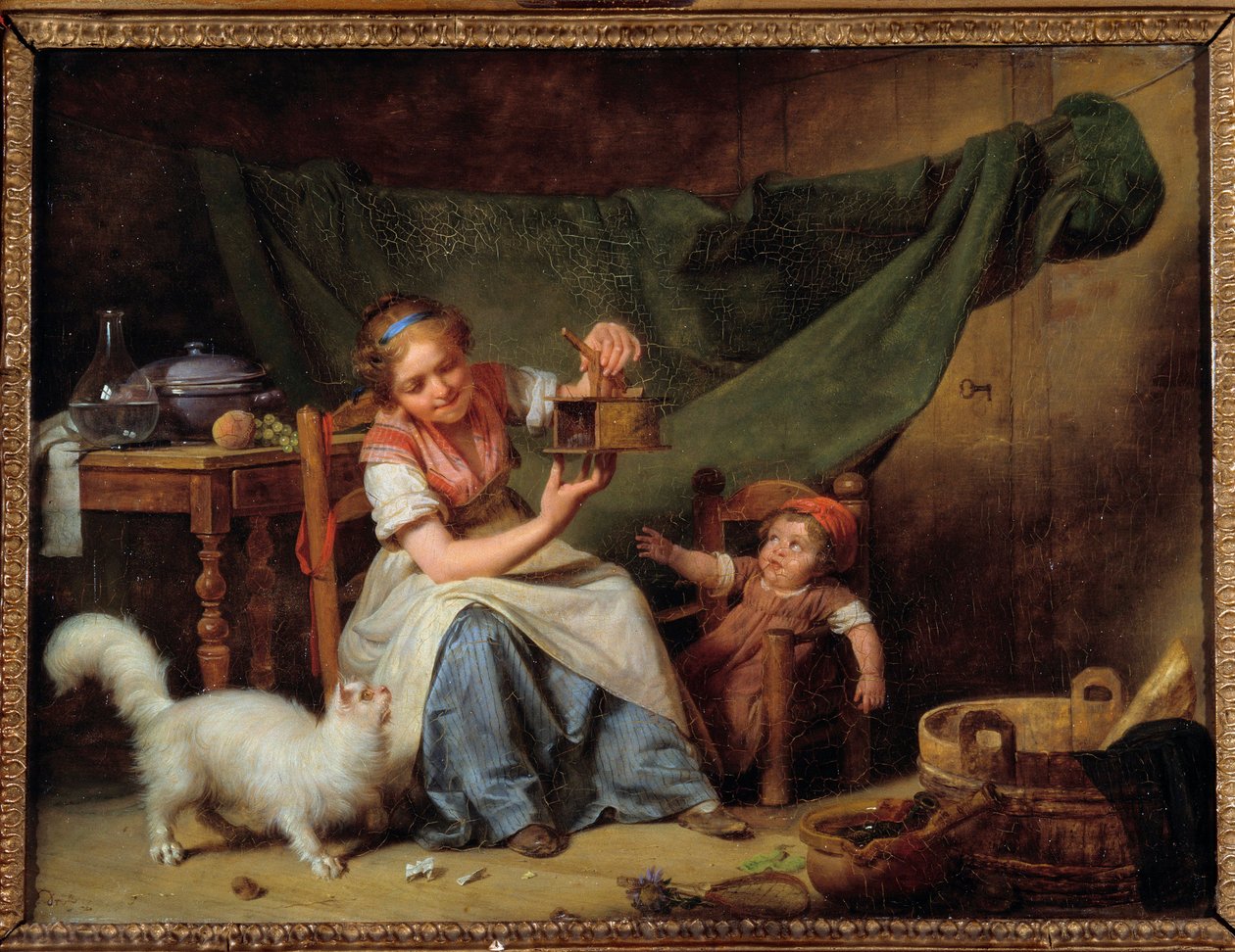 Kadın ve Fare Bir kız, kedinin ve bir bebeğin önünde bir fare yakalayıcı tutar. Martin Drolling (1752-1817) 1798 Sun tarafından boyama. 0,25x0,35 m Orleans. güzel Sanatlar Müzesi by Martin Drölling