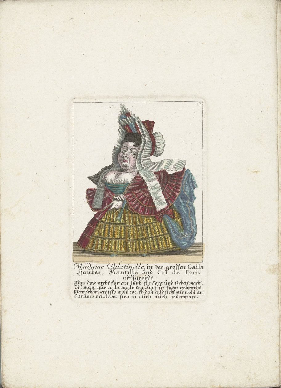 De Franse dwerg Madam Palatinelle, yaklaşık 1710 Madam Palatinelle, boneler, mantilla ve cul de Paris büyük Galla