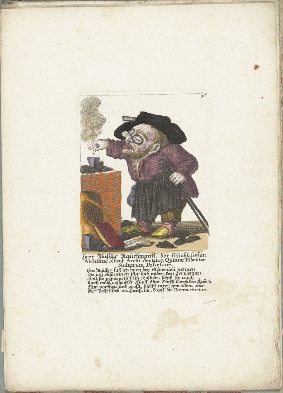 Blasius Rauchmantl ve simyacı, yak. 1710 Herr Blasius Rauchmantl, der frucht-loßen Alchimie kunst Archi-Secutor by Martin Engelbrecht (attributed to)