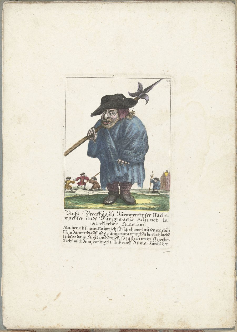Dwerg Blassl Broatgosch, yaklaşık 1710 Blassl Broatgosch Jurassic Night Watchman ve Rumorwachs Adjunct, gerçek işlevde (nesne üzerinde başlık) Il Callotto resurcitato veya Yeni Mobilyalı Küçük Dolap (seri başlığı) by Martin Engelbrecht (attributed to)