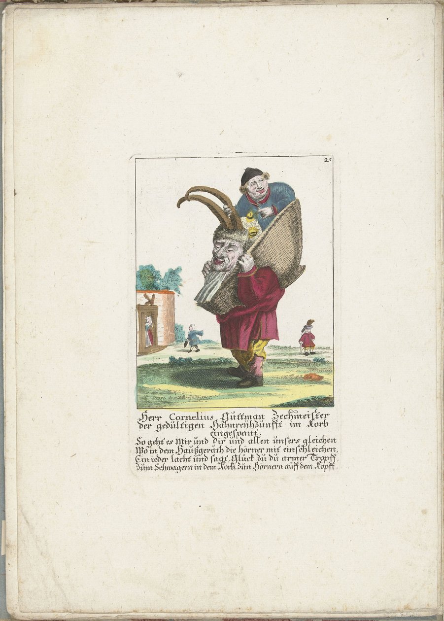 De dwerg Cornelius Guttman, bir büyücü olarak, yaklaşık 1710 Bay Cornelius Guttman, hasta boynuzlu loncanın ayyaşı bir sepet içinde koşumlu (nesnedeki başlık) Il Callotto resurcitato veya Yeni Mobilyalı Küçük Dolap (seri başlığı) by Martin Engelbrecht (attributed to)