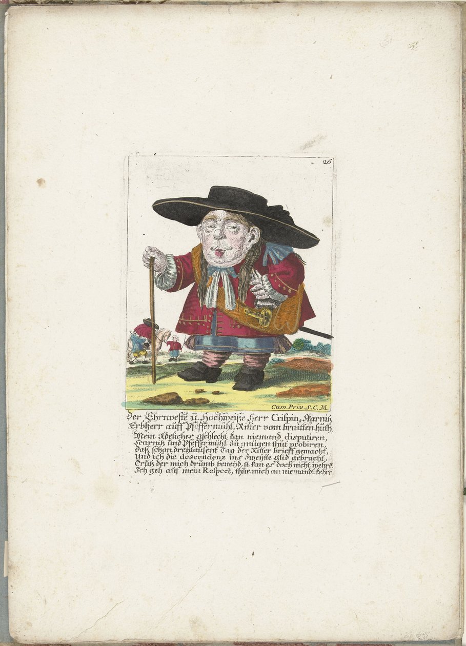 De dwerg Crispin Skarnitz, yaklaşık 1710 The Vested Vestment ve High White Herr Crispin, Skarnitz Kalıtsal Lord auff Pfeffermühl, Knight of Braitten Huth (nesne üzerindeki başlık) Il Callotto resurcitato veya Yeni Mobilyalı Zwerchen Dolabı (seri başlığı) by Martin Engelbrecht (attributed to)