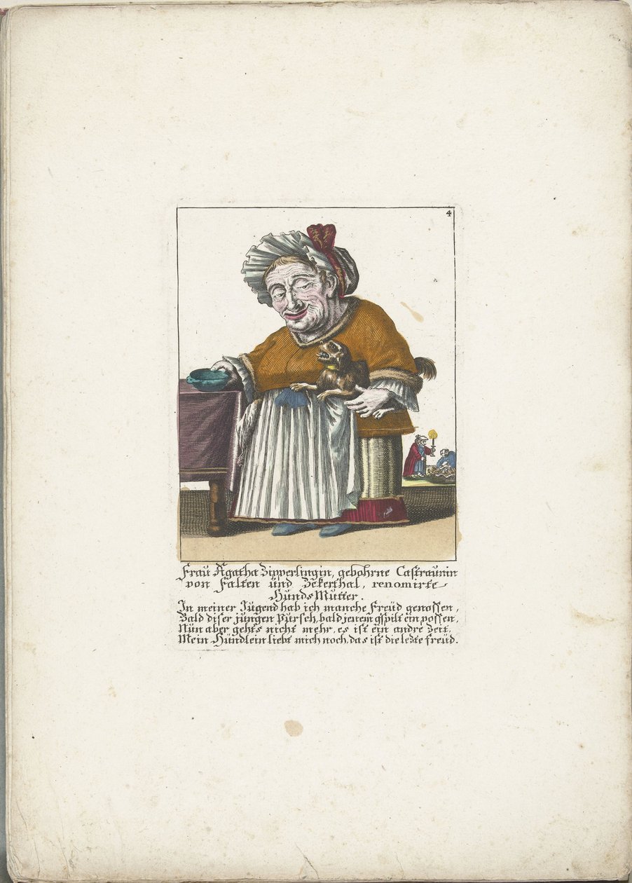 De dwerg Frau Agatha Zipperlingin, hondje ile tanıştı, yaklaşık 1710 Bayan Agatha Zipperlingin, aslen Castaunin von Falten und Zeckerthal, ünlü köpek annesi (nesne üzerindeki başlık) Il Callotto resurcitato veya Yeni Mobilyalı Küçük Dolap (seri başlığı) by Martin Engelbrecht (attributed to)
