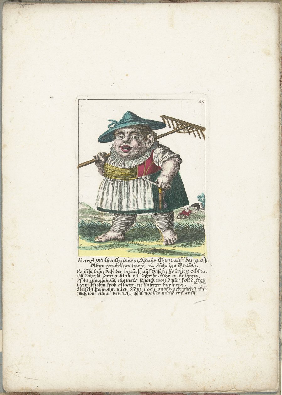 Cüce Margl Woltzenthoulerin, yak. 1710 Margl Woltzenthoulerin, Mayr-Thirn auff der grossn Olbm im Zillersberg, 12. Jährige Brauth (nesne üzerindeki başlık) Il Callotto resurcitato oder Neu eingerichtes Zwerchen Kabin (dizi başlığı) by Martin Engelbrecht (attributed to)