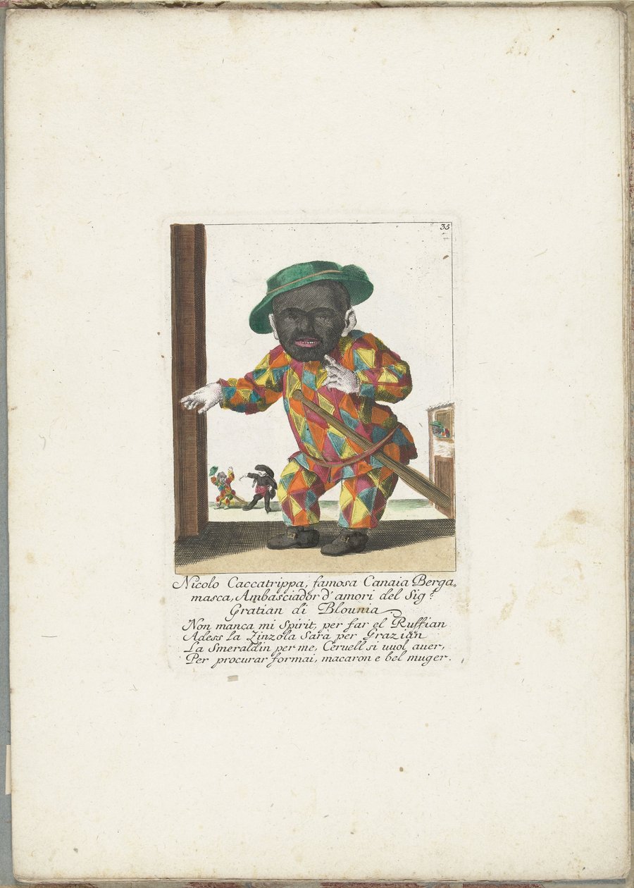 De dwerg Nicolo Caccatrippa als harlekijn, yak. 1710 Nicolo Caccatrippa, ünlü Canaia Bergamasca, Blounia