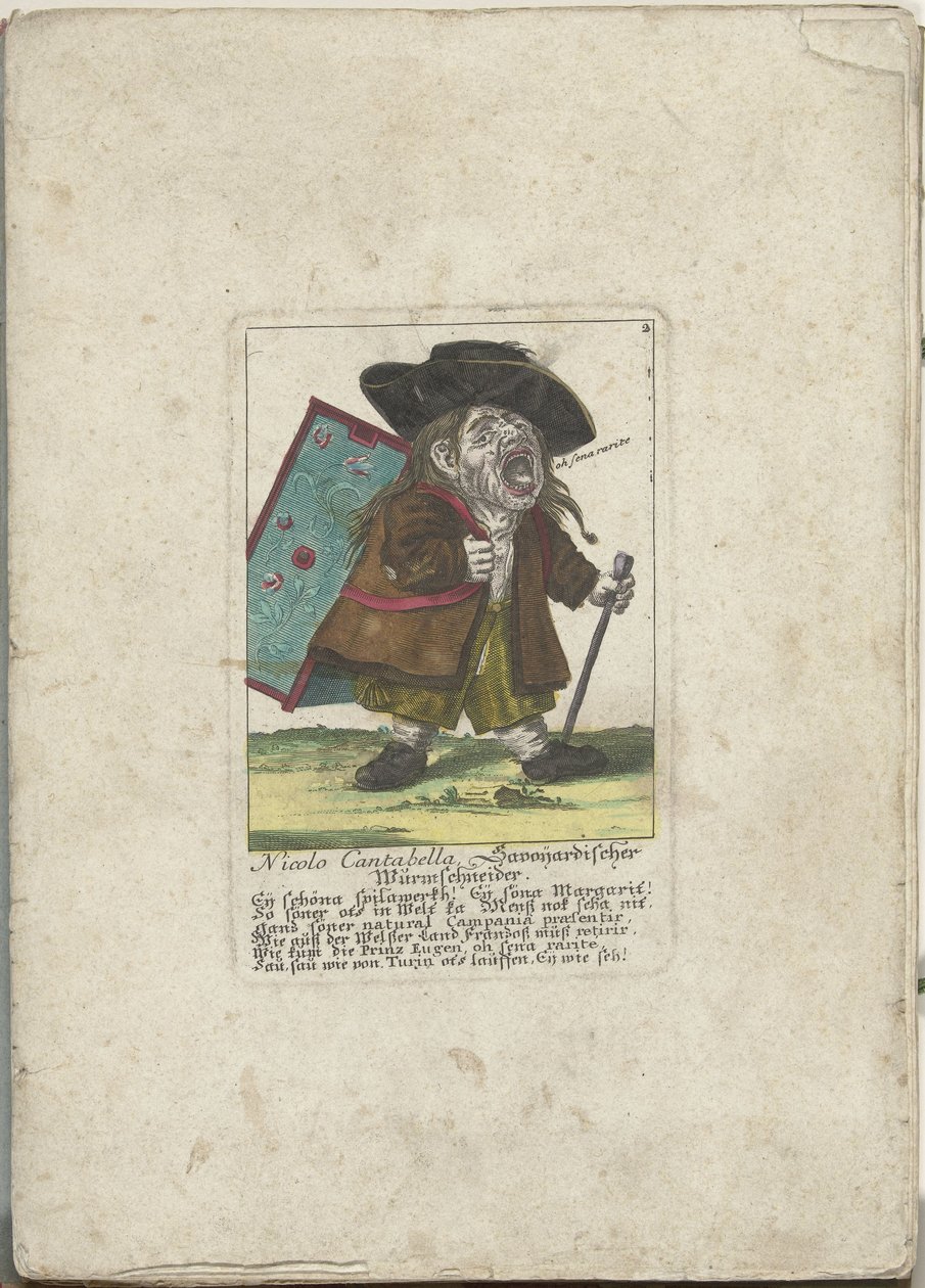 De dwerg Nicolo Cantabella, yaklaşık 1710 Nicolo Cantabella, Savoyard solucan kesici (nesne üzerindeki başlık) Il Callotto resurcitato veya Yeni Mobilyalı Küçük Dolap (seri başlığı) by Martin Engelbrecht (attributed to)